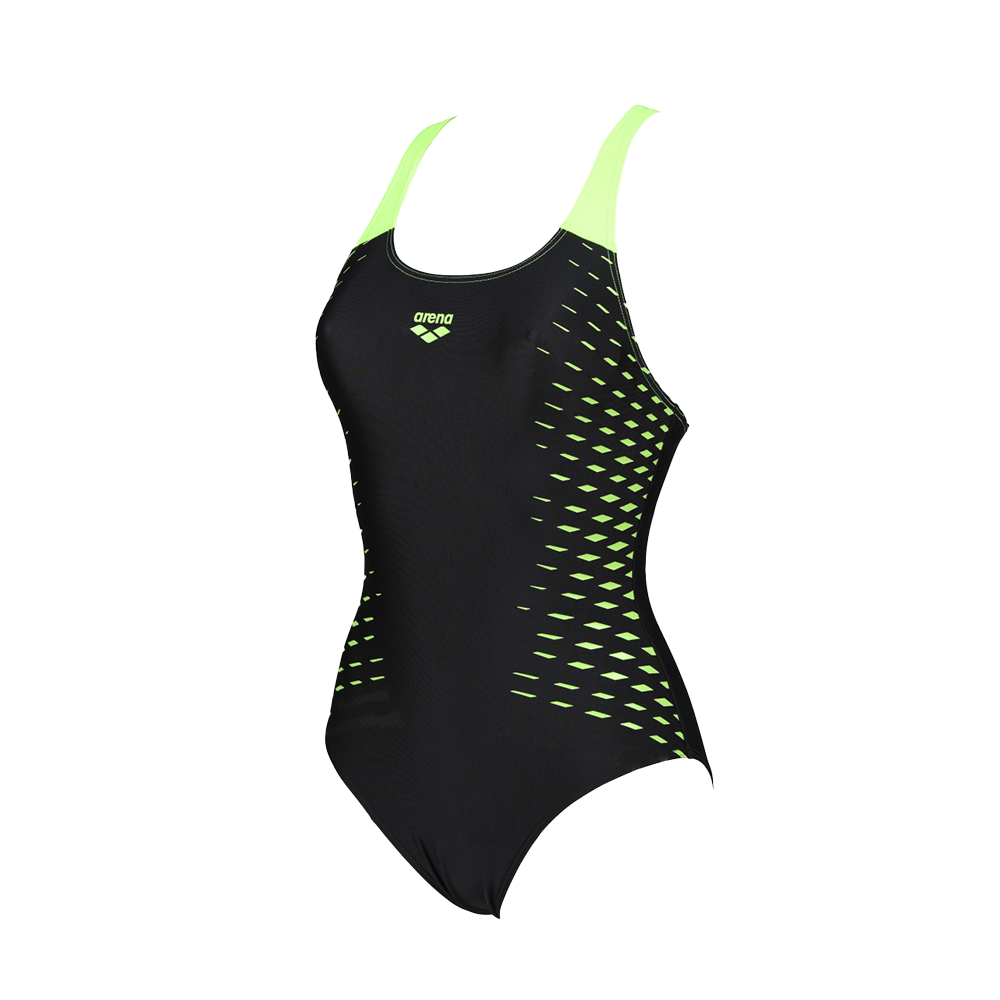 Sort badedragt i ét stykke med neonlimefarvede stropper og grafiske, diamantformede detaljer i siden. Sporty snit med rund hals og moderate benudskæringer, der giver god bevægelsesfrihed. Arena-logo på brystet signalerer kvalitet og funktionalitet. Ideel til træning og konkurrence, med tæt pasform, støttende ryg og moderne, energisk udtryk i holdbare, klorresistente materialer og hurtigtørrende stof.