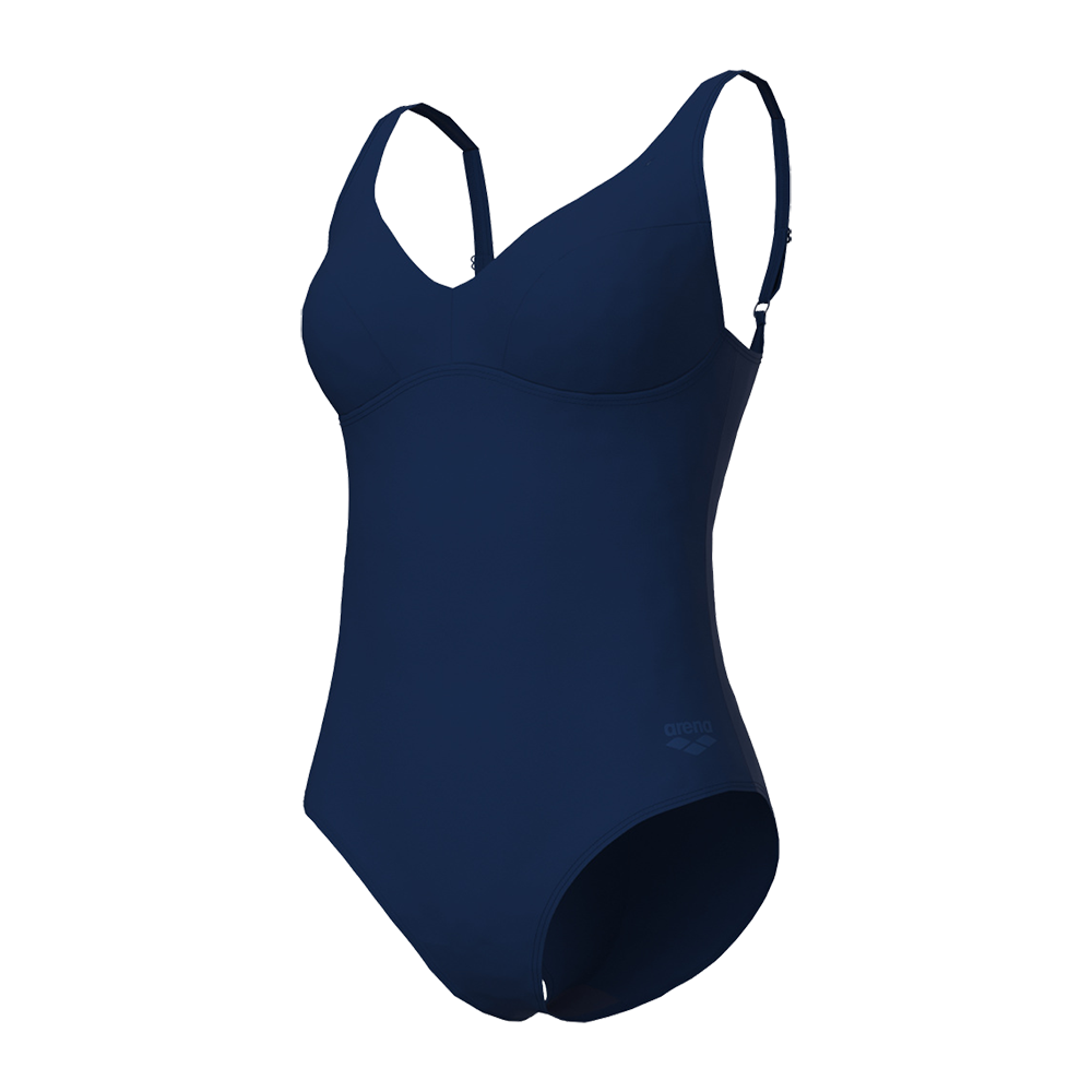 Dette billede viser en elegant, ensfarvet mørkeblå badedragt i enkelt og funktionelt design. Badedragten har formsyede skåle for støtte, smalle justerbare skulderstropper og en blød, strømlinet silhuet med minimalt synlige syninger. Materialet fremstår som glat, elastisk badestof egnet til svømning og fritidsbrug. Diskrete logo-detaljer nederst på hoften giver et sporty præg uden at dominere udtrykket.