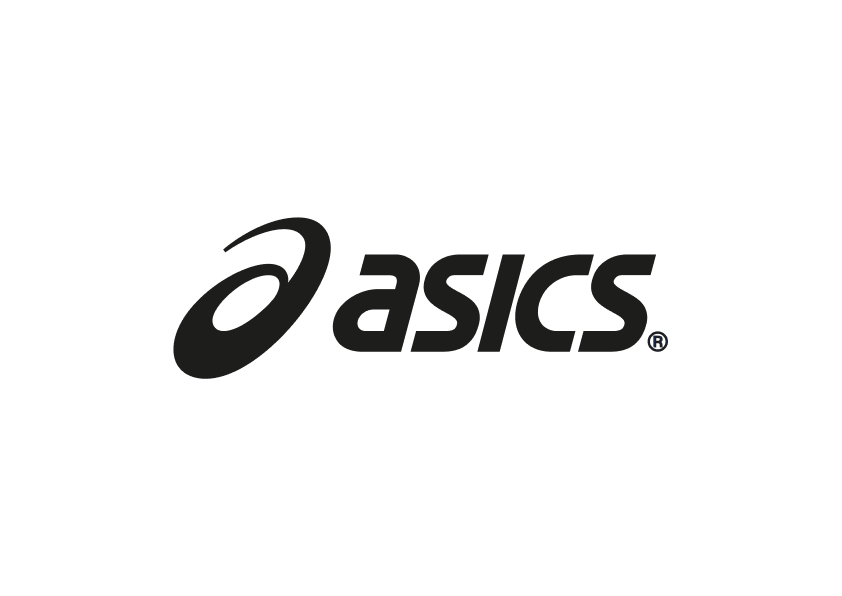 Logoet viser ordet "asics" i små bogstaver med et ovalformet, dynamisk symbol til venstre, der antyder bevægelse og hastighed. Designet er minimalistisk i sorte og grå nuancer på en mørk baggrund, hvilket giver et professionelt og sporty udtryk. Typografien er skråstillet og moderne, velegnet til et atletik- og løbefokuseret mærke, der signalerer ydeevne og energi.