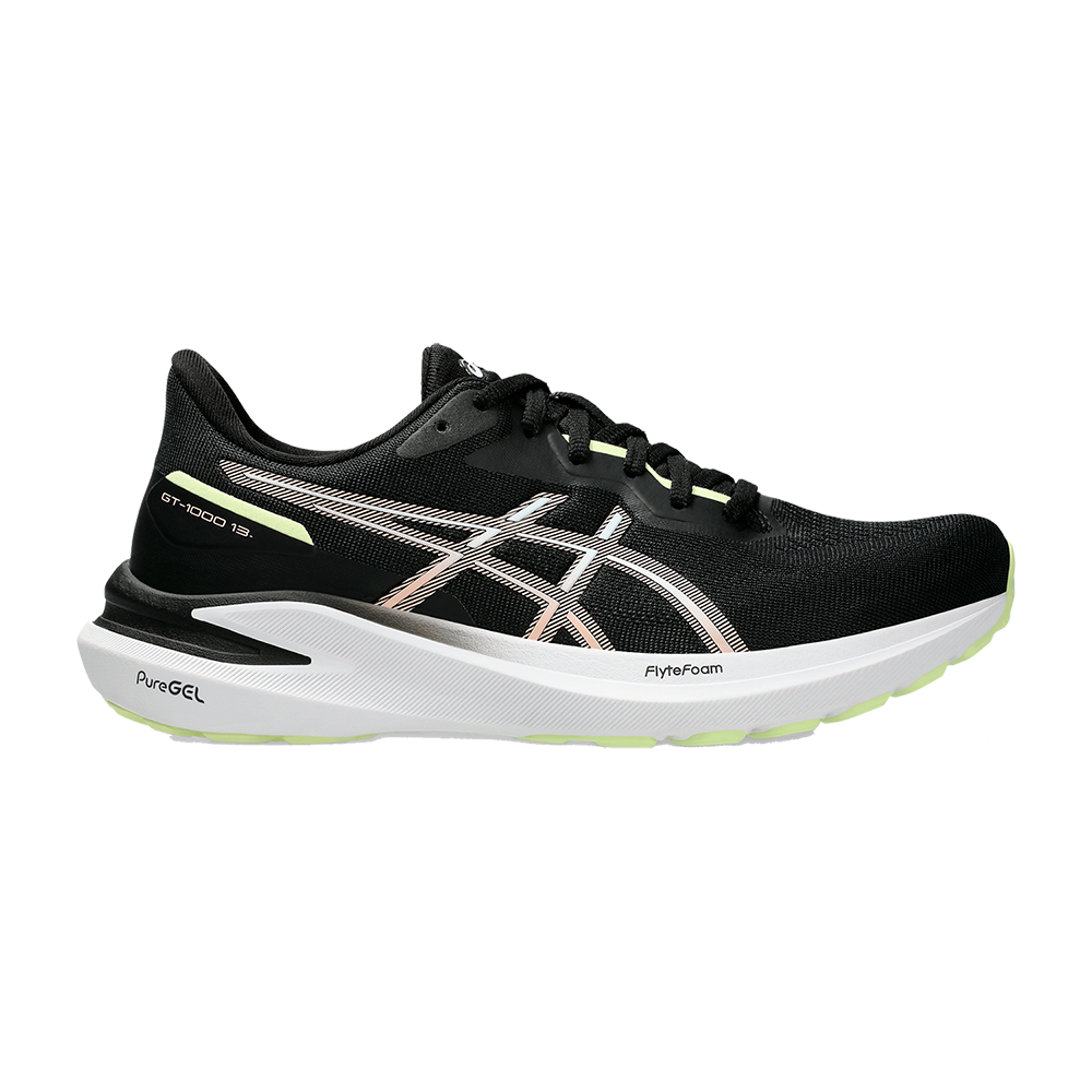 Et moderne løbesko i sort med lyse accenter, hvid mellemsål og limegrøn sål. Overdelen er åndbar mesh med synlige ASICS-striber og en stabil hælkappe. Mellemsålen kombinerer FlyteFoam og PureGEL for stødabsorbering og responsivitet, mens snørebånd og polstret krave sikrer pasform og støtte. Designet signalerer hverdagstræning og stabilitet til løbere, der ønsker komfort og letvægt ved lange ture.