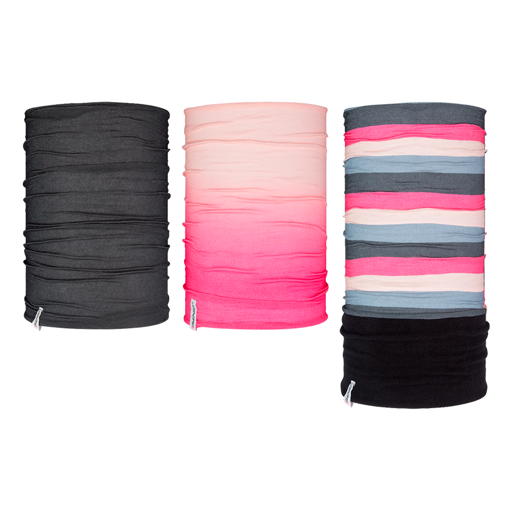 halstørklæder i blødt stof, placeret side om side. Til venstre er en ensfarvet mørkegrå, i midten en gradient i lyse- til knaldpink, og til højre en stribet model med grå, blå, rosa og sort. Produkterne fremstår fleksible og krøllede, velegnede som halsvarme, pandebånd eller ansigtsdække ved udendørs aktiviteter.
