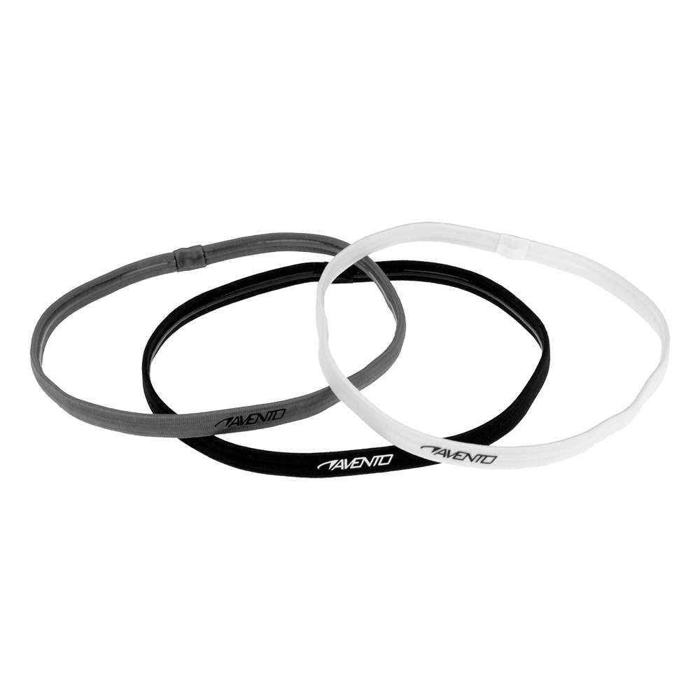 På billedet ses tre smalle hårbånd i forskellige farver — sort, grå og hvid — lagt overlappende i en dekorativ formation. Hårbåndene er elastiske og flade med diskret mærke "Avento" trykt på, designet til sport og hverdag for at holde håret på plads uden at gnave. Det enkle, funktionelle look gør dem velegnede til træning eller daglig brug.
