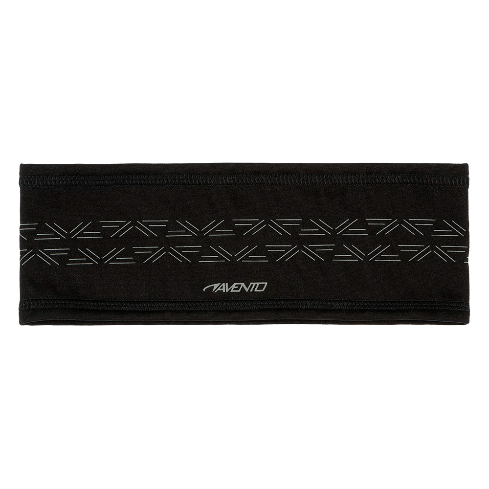 På billedet ses et sort sports-pandebånd i elastisk stof med to rækker diskrete, lyse, reflekterende linjemønstre tværs over midten. Nederst står brandnavnet "Avento" trykt i kontrastfarve. Sømmene er forstærkede langs begge kanter. Designet virker funktionelt og minimalistisk — velegnet til løb, træning eller udendørsaktiviteter, hvor ekstra varme og synlighed er ønsket.