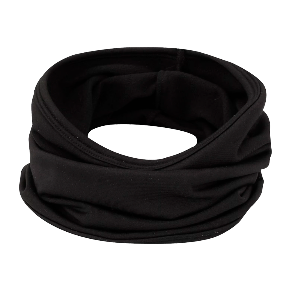 neck gaiter i blødt, strækbart stof med enkle syninger, formet som en rund tube. Produktet fremstår tykkere og let rynket, hvilket giver god isolering omkring hals og under ansigt. Alsidig i brug — kan bæres som halsedækken, ansigtsmaske, pandebånd eller hueindlæg ved udendørs aktiviteter og koldt vejr. Diskret, tidløst design i ensfarvet sort, nem at pakke og vedligeholde.