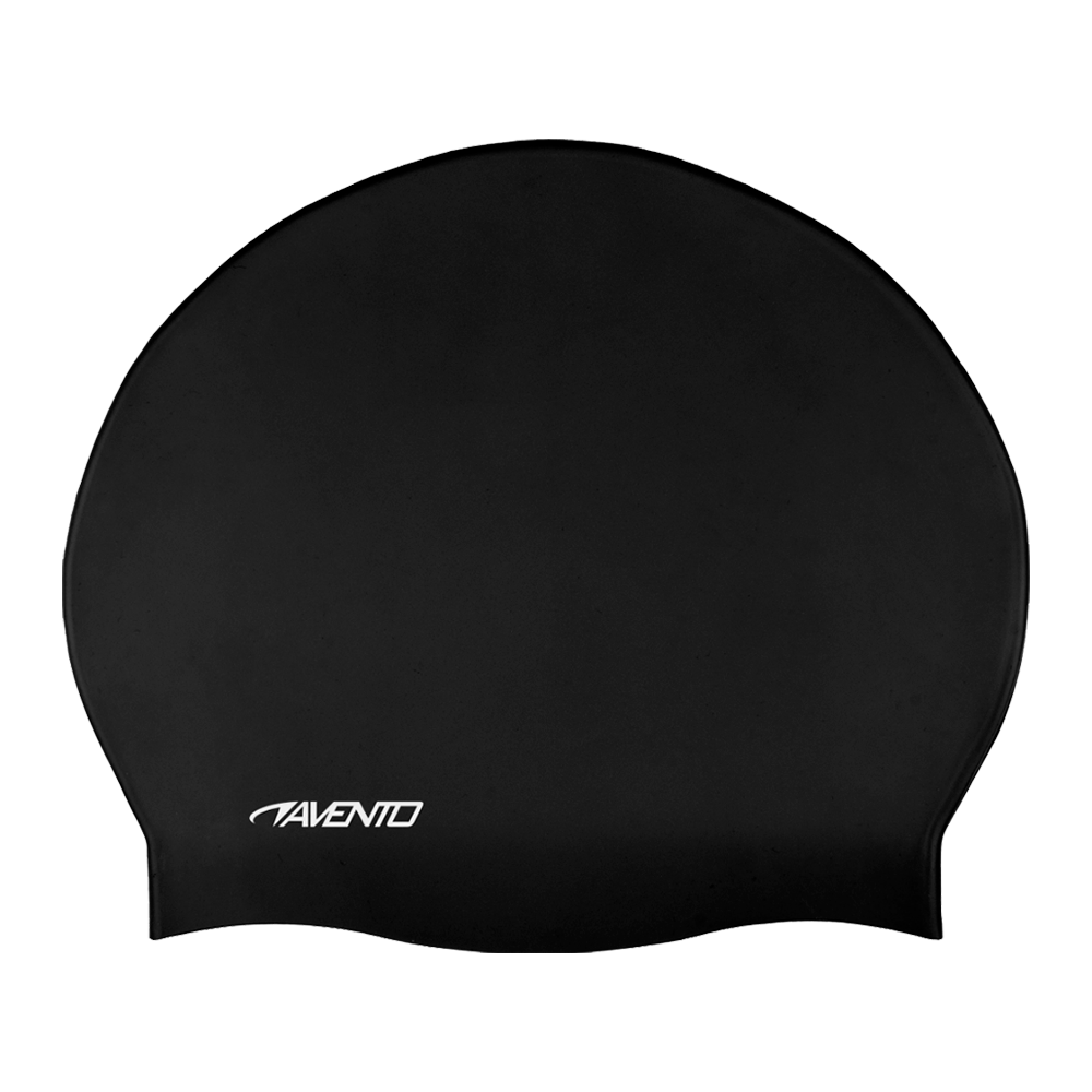 Et sort svømmehætte i silikone med en glat, mat overflade og en rund, anatomisk form. Hættens kant er let udskåret ved ørene for god pasform, og et hvidt "Avento"-logo står diskret nederst. Den minimalistiske konstruktion giver et tæt, strømlinet fit, beskytter håret mod klor og reducerer modstand i vandet. Velegnet til træning og konkurrencer for både begyndere og erfarne svømmere.