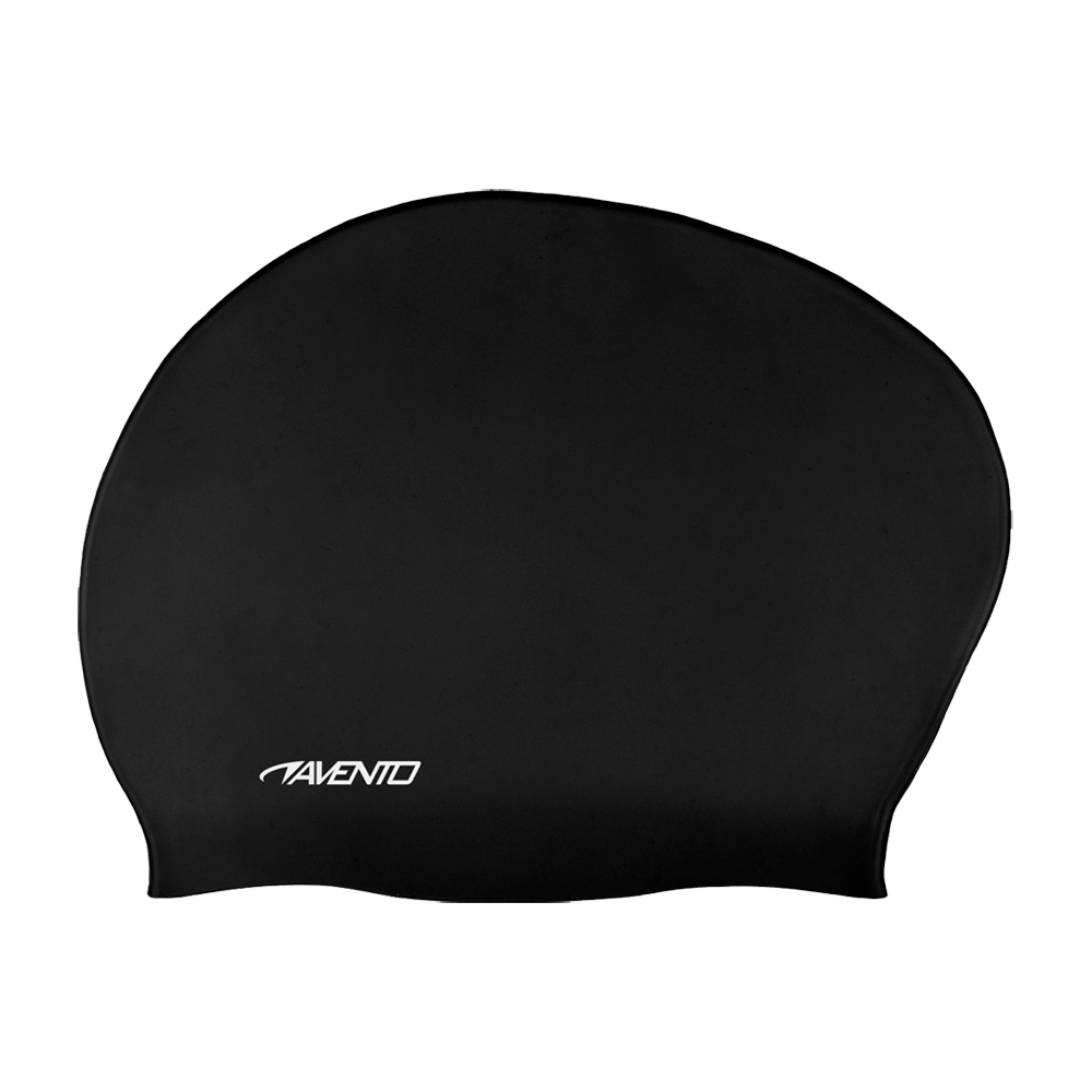 Et enkelt, mat sort svømmehætte i silikone med et diskret hvidt "Avento"-logo på siden. Hætten har en glat overflade og en anatomisk form, der dækker håret tæt for at reducere modstand i vandet. Den er minimalistisk og praktisk, velegnet til træning, konkurrence eller fritidsbrug, og passer både voksne og unge svømmere, som ønsker et neutralt udtryk.