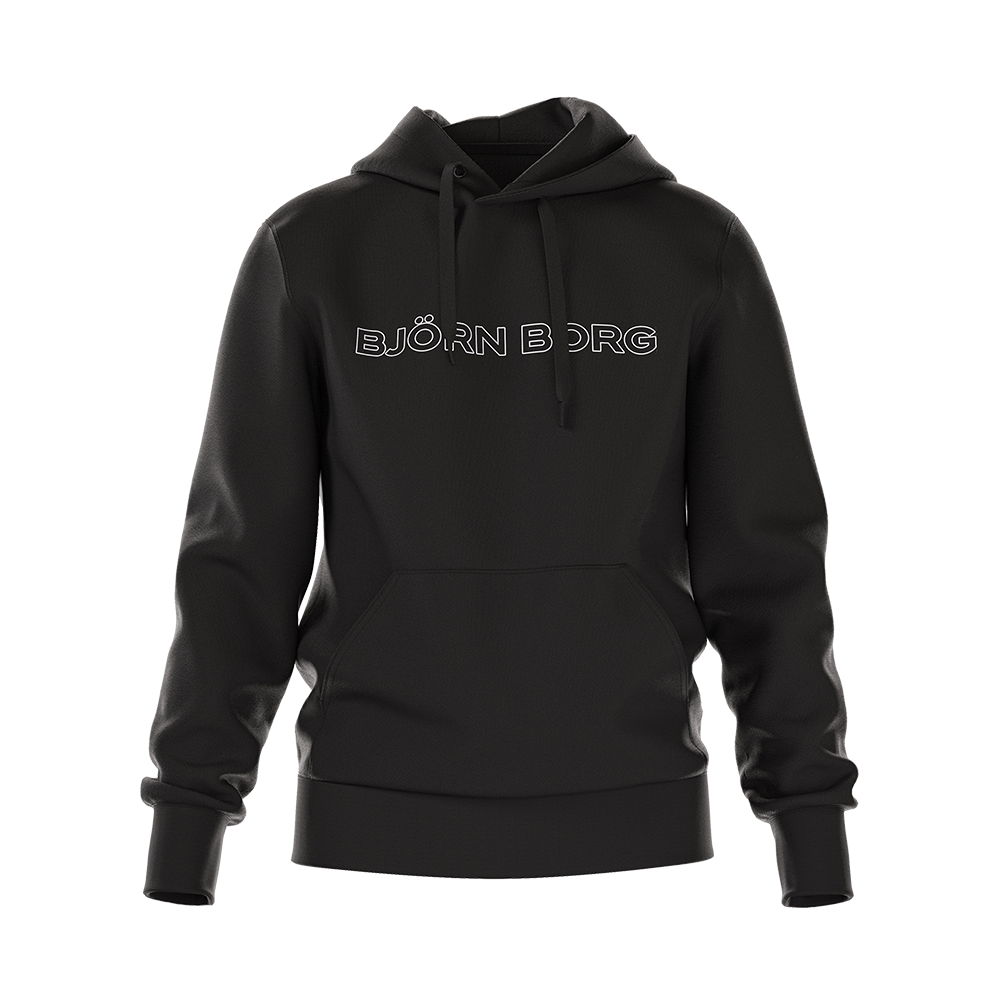 Dette billede viser en sort hoodie fra Björn Borg med enkelt, moderne design. Trøjen har hætte med snøre, kængurulomme og ribkant ved ærmer og talje. Fronten prydes af et hvidt, tydeligt Björn Borg-logo i midten. Materialet ser blødt og let struktureret ud, egnet til både hverdag og træning. Farven og snittet giver et tidløst, sporty udtryk.