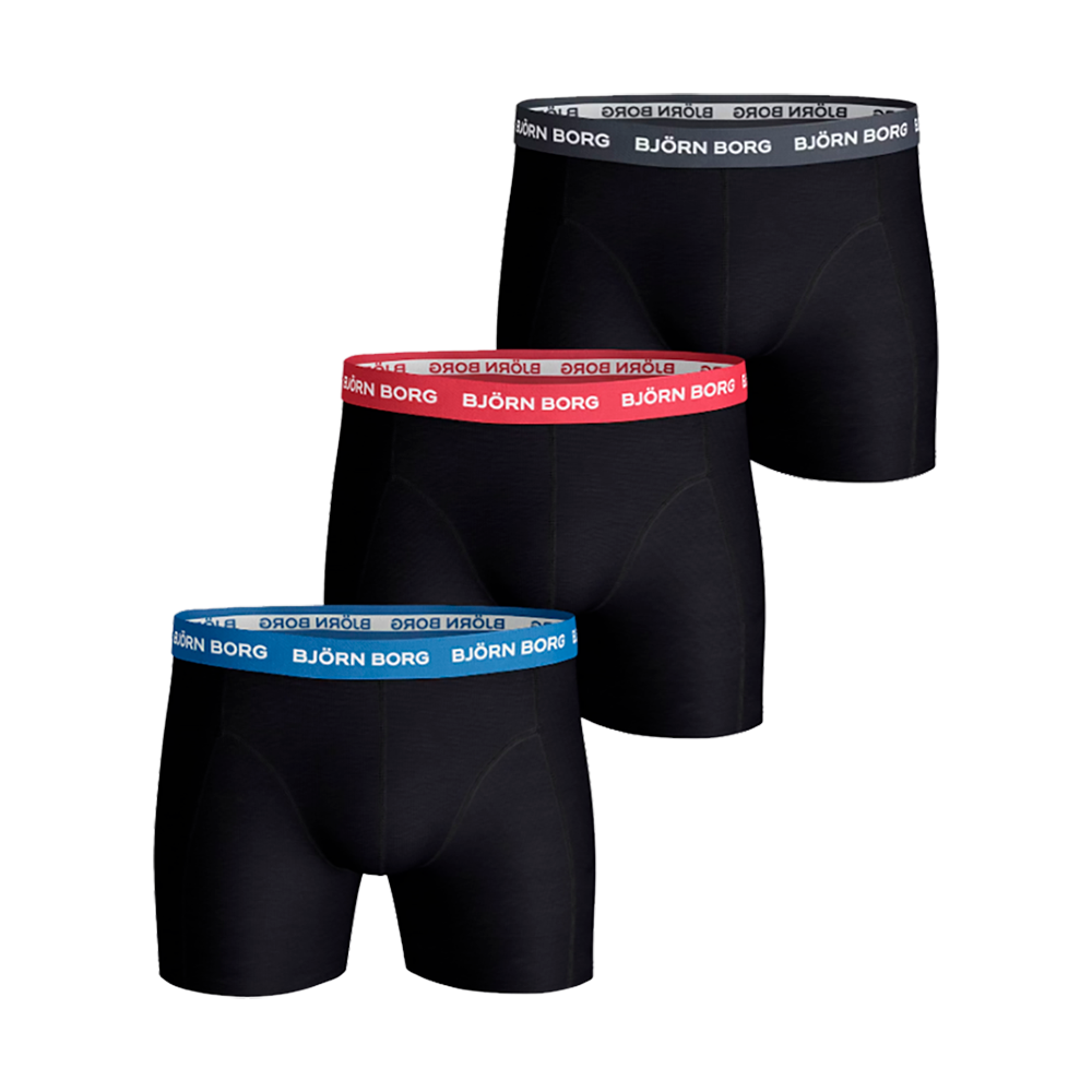 Tre sorte boxershorts præsenteres i et stilrent 3-pak med hver sin farvede elastik i blå, rød og sort, alle med det tydelige BJÖRN BORG-logo i hvid. De har en tæt, formgivende pasform med lidt længere ben og glat overflade, hvilket giver både støtte og komfort i hverdagen eller til træning. Enkel, sporty æstetik og praktisk design, og let at vedligeholde.