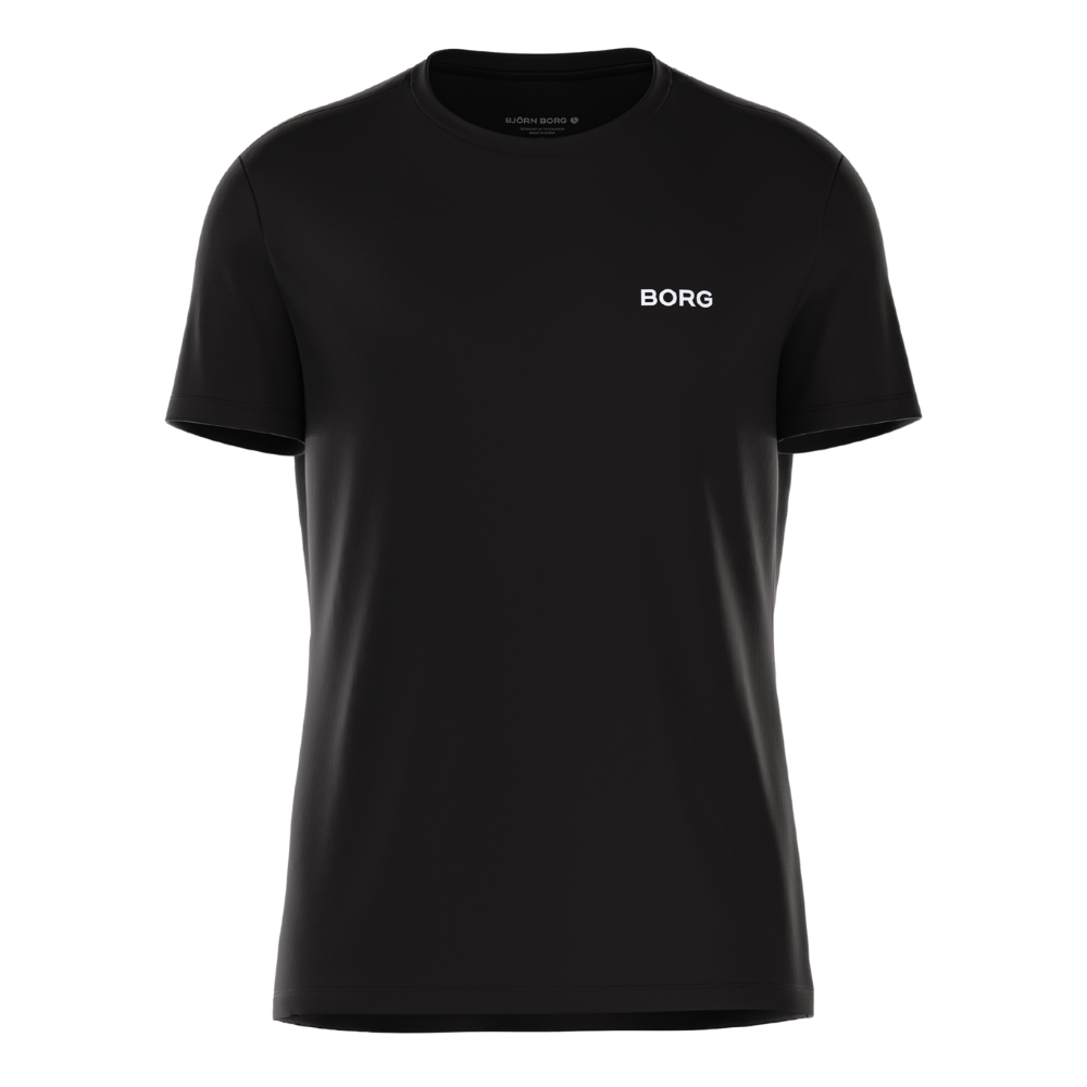 Sort t-shirt med enkelt og moderne snit. Den har rund hals, korte ærmer og en tætsiddende, men afslappet pasform. Et lille hvidt "BORG"-logo er diskret placeret på venstre bryst, hvilket giver et stilrent og sporty udtryk. Stoffet fremstår glat og blødt, egnet til både træning og hverdag. En alsidig basisdel, som let kan styles med jeans eller træningsbukser.