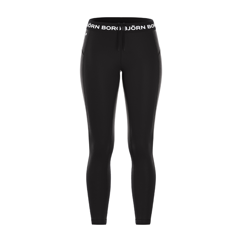 Et par sorte, tætsiddende træningsleggings med høj talje og elastisk logo-støbt linning. Materialet virker glat og strækbart, designet til både aktivitet og afslappet hverdagsbrug. Synlige sidesømme og små sidelommer til nøgler eller kort giver funktionel detalje, mens snor i taljen sikrer individuel pasform. Enkel, sporty æstetik som passer til løb, træning eller casual styling.