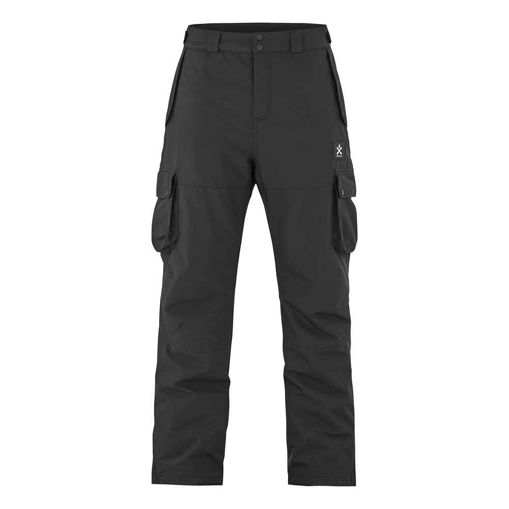 Sort, funktionelle cargo-bukser i robust, vandafvisende materiale med høj talje og dobbelte trykknapper. Bukserne har bæltestropper, skrå forlommer og store lårlommer med klap samt forstærkede knæpartier. Lige benafslutning og diskret mærke på højre lår giver et minimalistisk udtryk. Designet er praktisk til friluftsliv eller arbejde, med fokus på holdbarhed og bevægelsesfrihed. Perfekt til aktive dage.