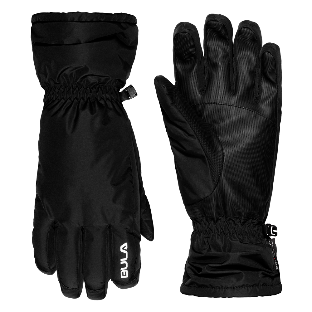 Et par sorte vinterhandsker med enkel, funktionel design. Handskerne har lange manchetter, elastisk talje ved håndleddet og forstærkede, teksturerede håndflader for bedre greb. Materialet ser vandafvisende og isolerende ud, velegnet til skiløb eller kolde udendørsaktiviteter. En lille karabinhage forbinder parret, og et diskret logo pryder en finger, hvilket giver et stilrent og praktisk udtryk.