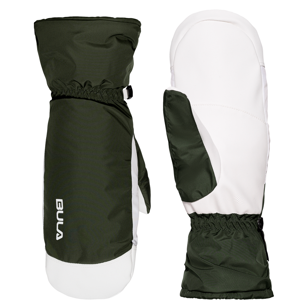 Et par robuste vintervotter i grøn og hvid med lange manchetter og elastisk talje ved håndleddet. Vottene har forstærket, hvidt grebsområde og et glat, vandafvisende ydre i mørkegrøn. Et lille "BULA"-logo pryder den ene vottens bagside, og en klips mellem dem sikrer, de holdes samlet. Designet er funktionelt og velegnet til skiløb eller kolde udendørsaktiviteter.