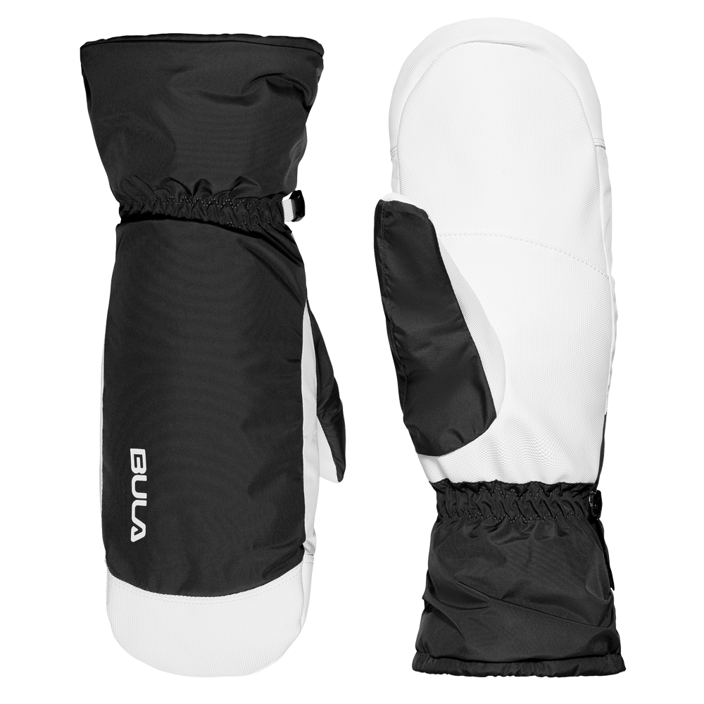 Et par stilrene sorte og hvide skivotter med kraftig isolering og længere manchet. Votterne har elastisk talje ved håndleddet, forstærket håndflade og tommel i kontrastfarve samt et diskret BULA-logo langs siden. Designet virker funktionelt og minimalistisk, velegnet til vinteraktiviteter og skiløb, hvor både varme, bevægelighed og holdbarhed er i fokus.