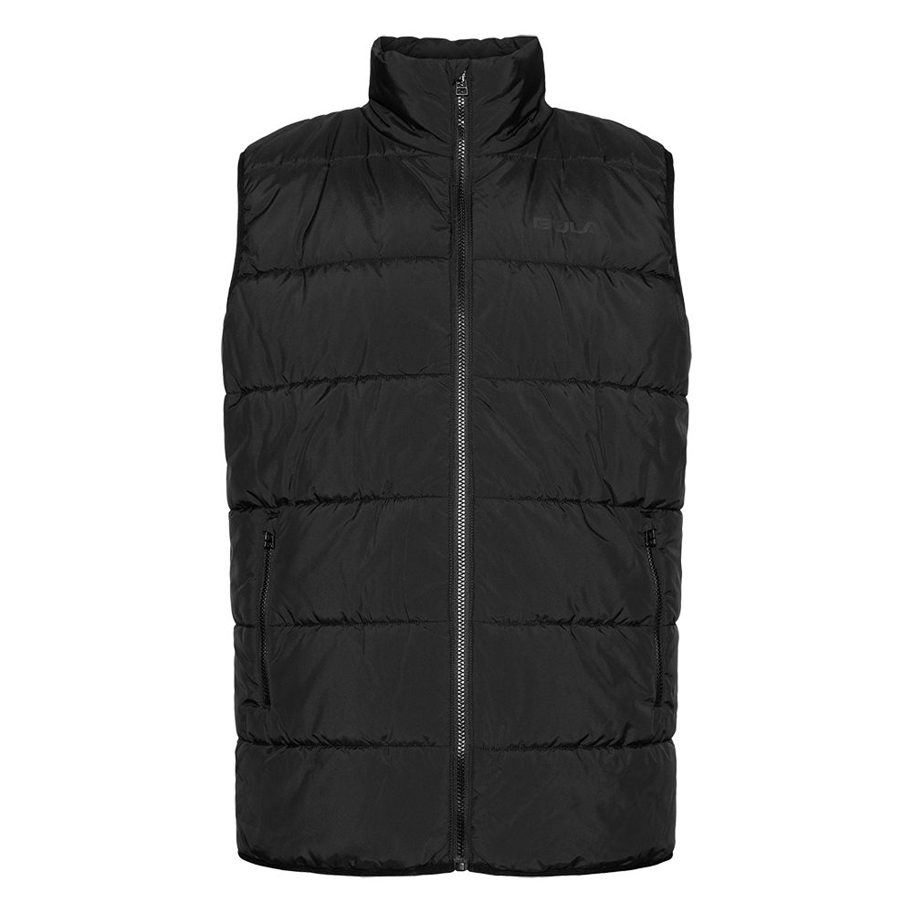 En sort, quiltet vest med fyld og tæt vandafvisende overflade. Vesten har høj krave, gennemgående lynlås og to sidelommer med lynlås, hvilket giver praktisk opbevaring. Den er let men isolerende, ideel til lag-på-lag i overgangsperioder eller som ekstra varme på kolde dage. Det minimalistiske, tidløse design gør den let at style til både hverdag og fritid.