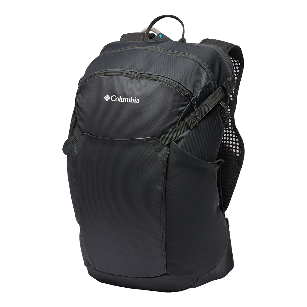 Rygsækken er en sort Columbia-model med et simpelt og funktionelt design. Den fremstår let og holdbar med flere lynlåslommer og sidelommer til vandflaske. Polstrede skulderstropper og en netbeklædt rygpanel giver komfort og ventilation under længere ture. Materialet virker vandafvisende, og de justerbare remme sikrer god pasform, hvilket gør den velegnet til både hverdag, pendling og korte vandreture.