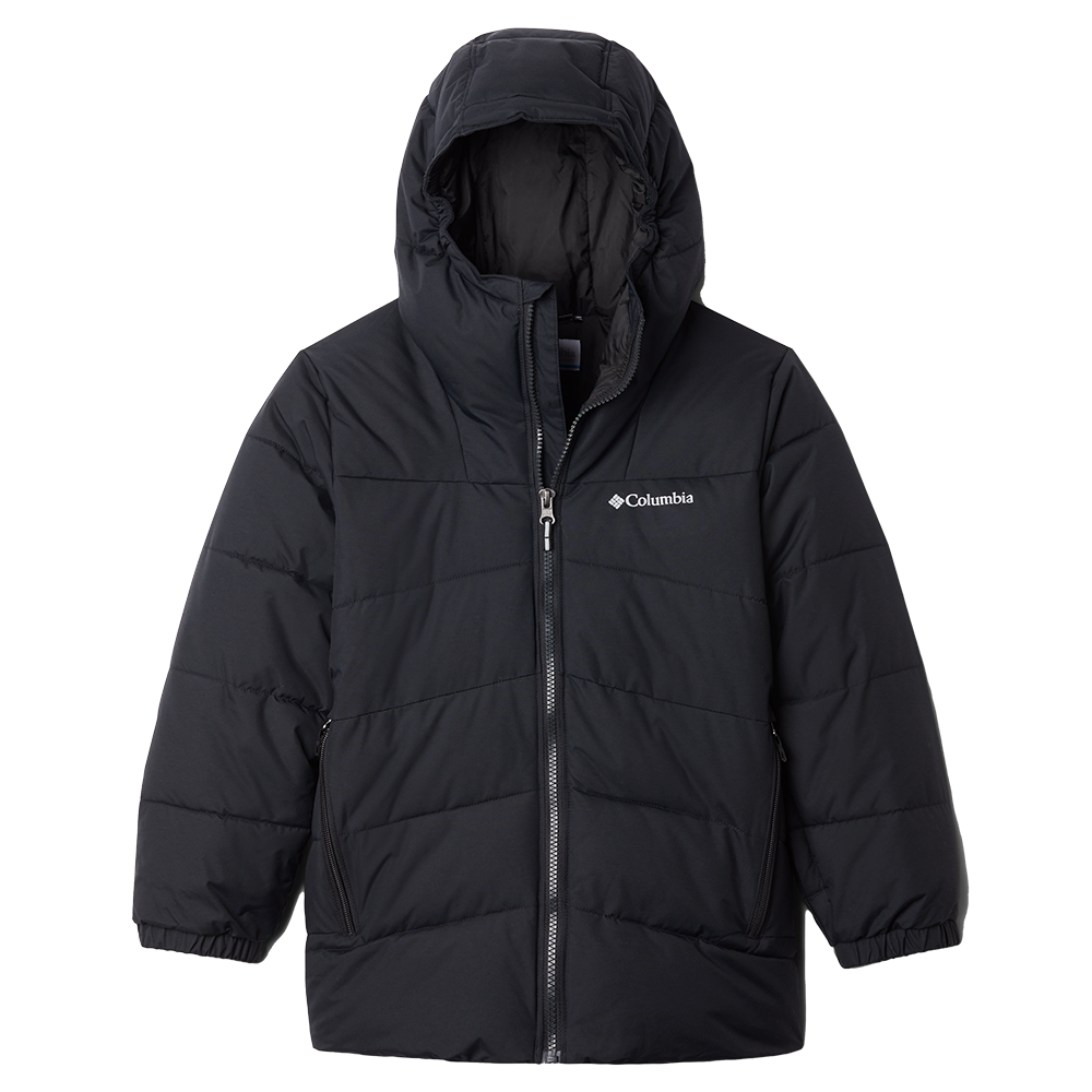 En sort, polstret Columbia-vinterjakke med hætte og fuld lynlås. Jakken har en vandafvisende overflade, skrå syninger, elastiske ærmekanter og to lynlås-lommer i siden. Den enkle, funktionelle stil og lette fyld giver god varmeisolering uden at være klodset. Diskret Columbia-logo på brystet signalerer kvalitet og velegnethed til kolde hverdage eller udendørsaktiviteter i vinterhalvåret.
