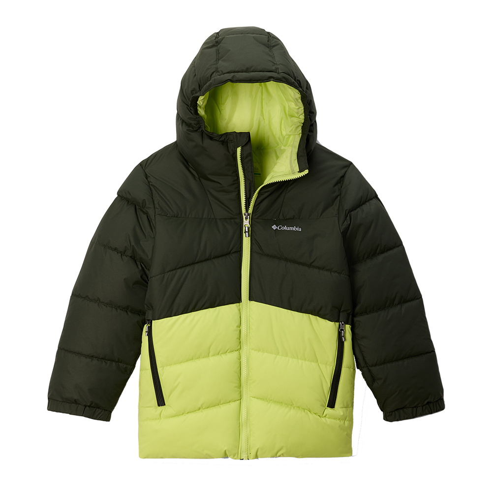 En polstret, tofarvet vinterjakke med hætte fra Columbia i mørkegrøn og frisk lime. Jakken har en midterlynlås, to sidelommer med lynlås og markante vandrette quiltede syninger, som holder isoleringen jævnt fordelt. Hætten og den bløde, forede inderside giver ekstra varme, mens det kontrastfulde farvespil skaber et sporty og moderne udtryk, velegnet til kølige dage.
