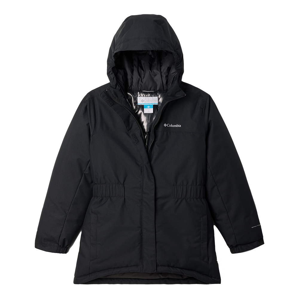 Sort, vatteret Columbia-vinterjakke med fast hætte og diskret logo på brystet. Jakken er hofte-længde med indsnøring i taljen for en feminin pasform, rummelige sidelommer og elastiske ærmekanter. Forlukkes med lynlås og beskyttende overlæg, hvilket holder vind og kulde ude. Materialet virker robust og velegnet til hverdag og længere udendørsaktiviteter på kolde dage.