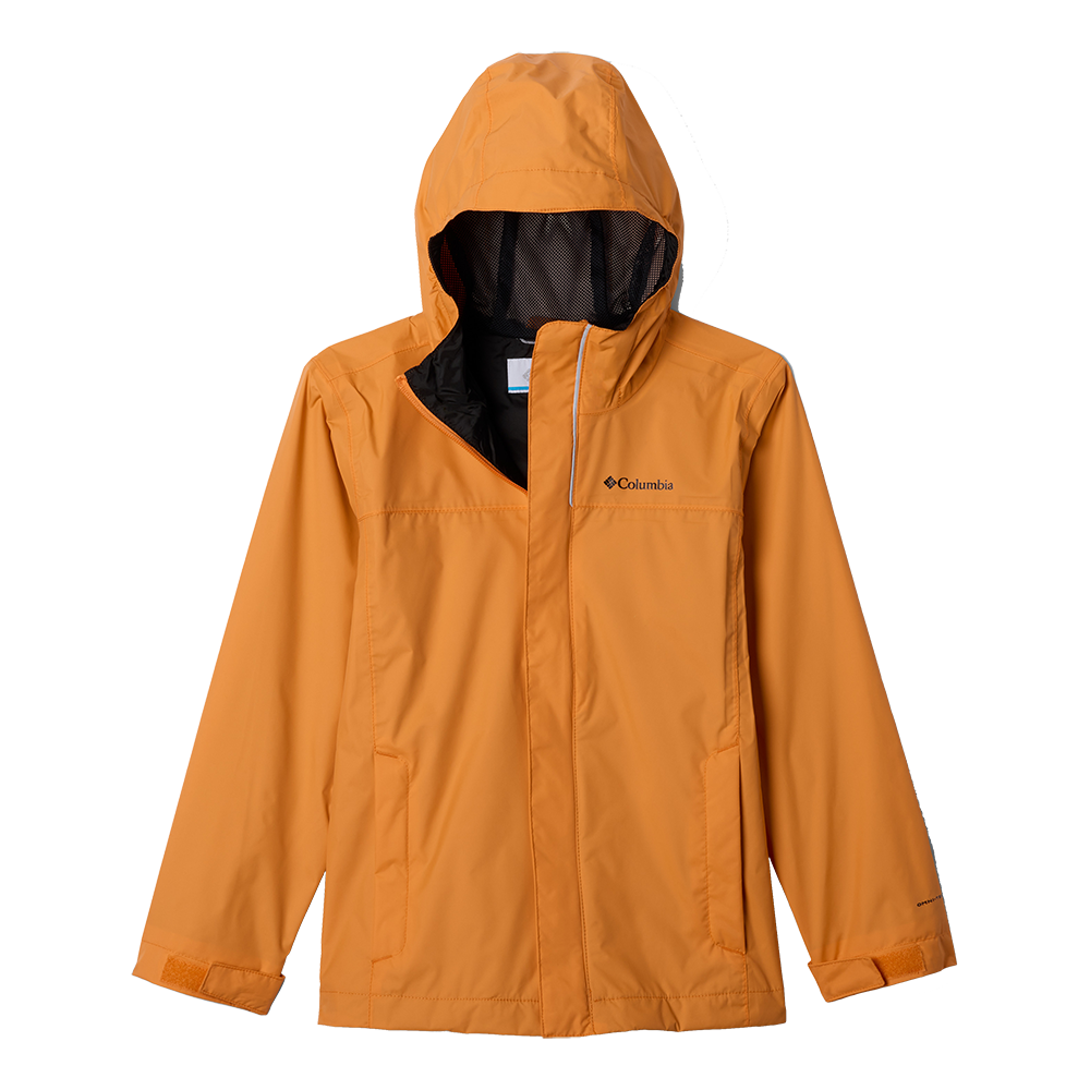 En orange Columbia regnjakke med hætte og sort meshforing, designet til udendørs brug. Jakken har lynlås med stormflap, to sidelommer og justerbare ærmeafslutninger med velcro. Det rene, funktionelle snit og den lette, vandafvisende overflade gør den praktisk til vandreture og hverdag i regnvejr. Diskret logo på brystet understreger det sporty, troværdige udtryk.