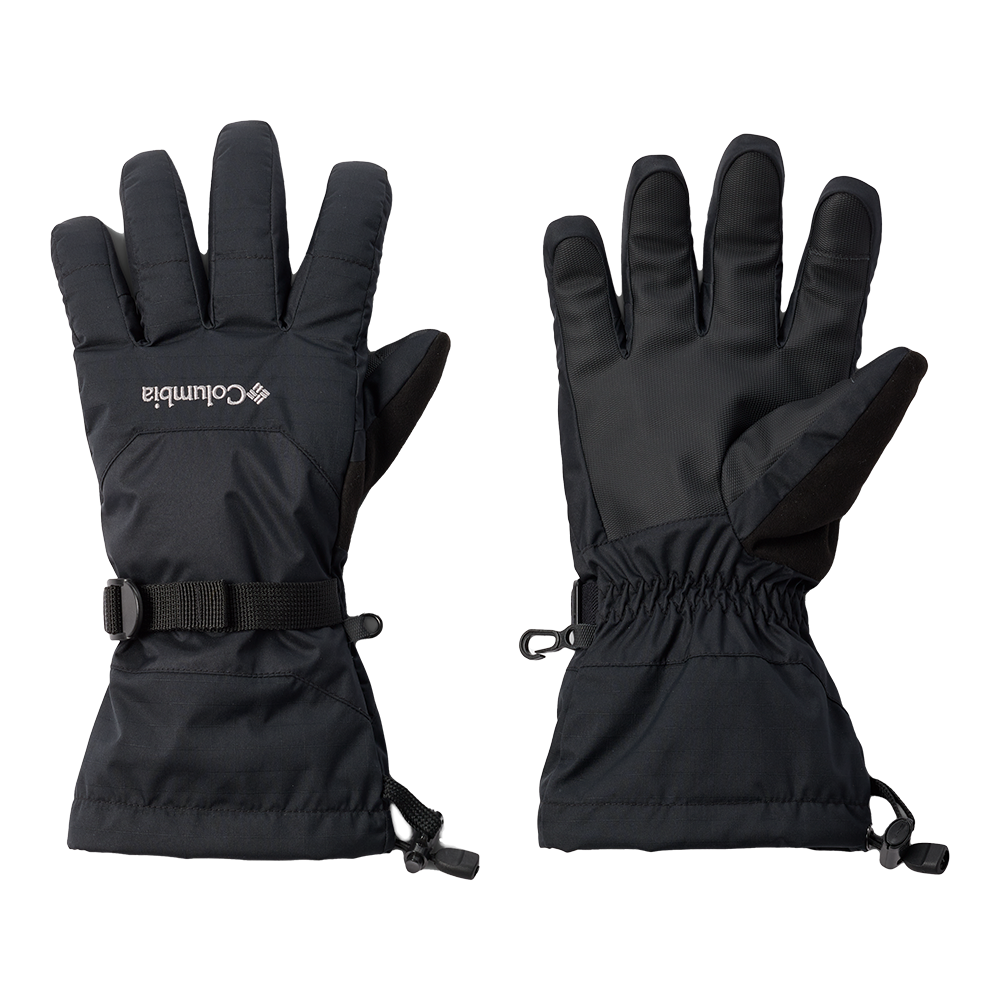 Et par sorte Columbia-vinterhandsker ligger fladt ved siden af hinanden. Handskerne har polstret overside, forstærket håndflade i skridsikkert materiale, indvendig isolering og lang manchet med snor og elastik ved håndleddet. En justerbar rem sikrer pasform, og en lille karabinhage forbinder handske-parret. Designet virker robust og funktionelt til koldt vejr, skiløb eller friluftsaktiviteter.