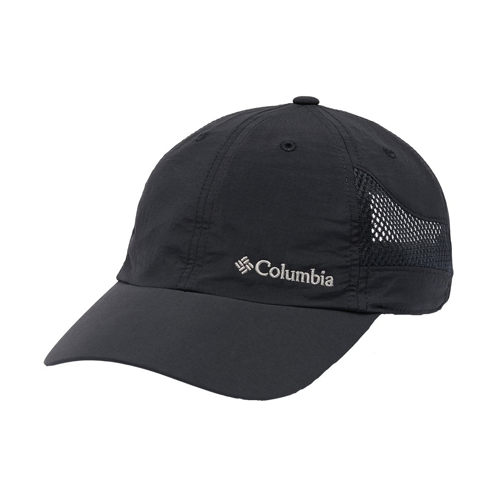 En sort Columbia-caps i enkel, funktionel stil. Kasketten har en buet skygge, let formsyet krone og netindlæg i siderne for ekstra ventilation. Det hvide broderede Columbia-logo står diskret på fronten. Materialet virker let og hurtigtørrende, hvilket gør hatten velegnet til udendørs aktiviteter, træning eller hverdag, hvor solbeskyttelse og åndbarhed er i fokus.