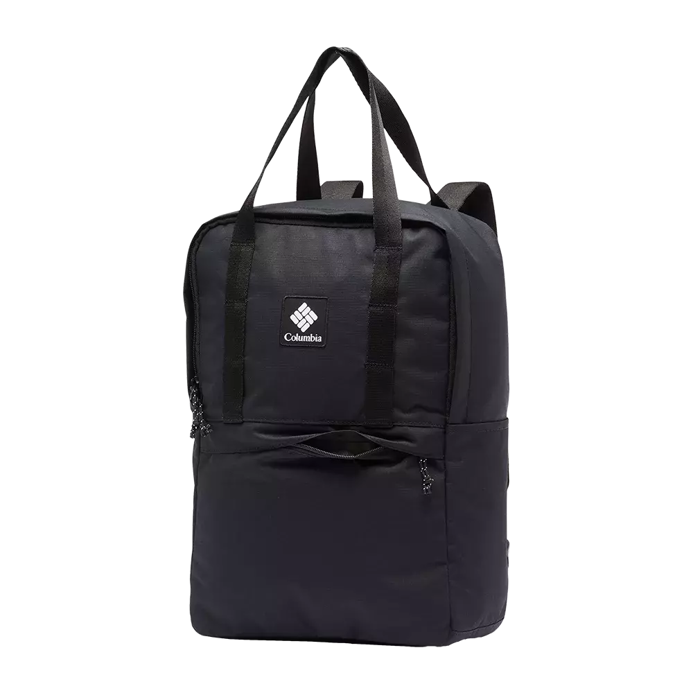 Sort, rektangulær rygsæk fra Columbia med et minimalistisk og funktionelt design. Den har to håndtag i toppen og polstrede skulderstropper, et stort hovedrum samt en frontlomme med lynlås til småting. Materialet virker slidstærkt og vandafvisende, og det diskrete Columbia-logo giver et enkelt præg. Perfekt til hverdag, skole eller korte rejser, hvor både stil og praktisk opbevaring er vigtigt.