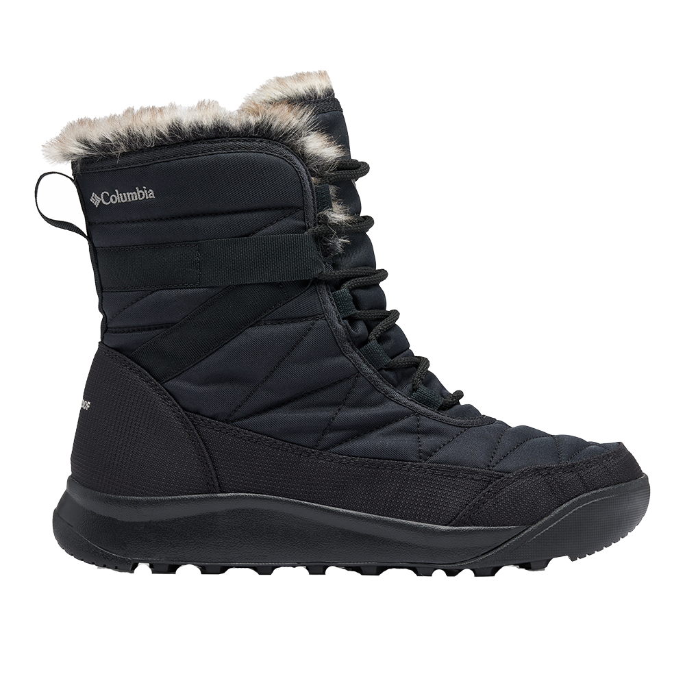 Denne sorte Columbia-vinterstøvle har et quiltet, polstret overmateriale med snørelukning og kunstpelskant ved skaftet. Den robuste, mønstrede gummisål giver godt greb på glatte underlag, mens den høje skaftkonstruktion og det isolerede for holder fødderne varme. En praktisk trækhank gør den nem at få af og på. Perfekt til vinterture og hverdagspendling.