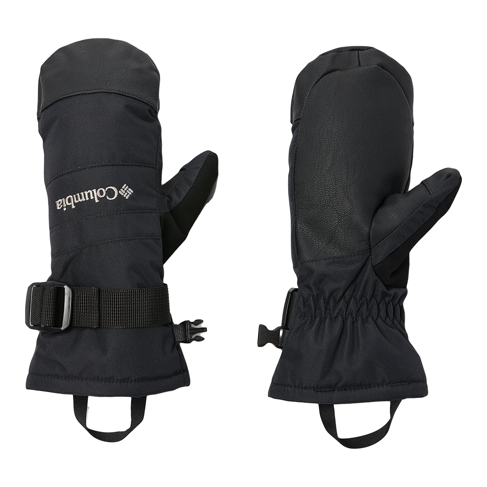 Et par sorte Columbia-votter vises på billedet, designet til vinterbrug. De har en robust, læderagtig håndflade for bedre greb, justerbar rem ved håndleddet og elastisk indsnøring for tæt pasform. Vottene har lange manchetter med stropper og clips til sammenhold, samt slidstærkt ydre materiale og isolering, der holder hænderne varme under skiløb, snelege og andre udendørsaktiviteter.