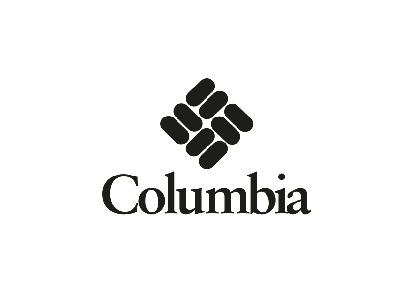 Billedet viser Columbia-logoet centralt placeret på en sort baggrund. Øverst ses det karakteristiske diamantformede emblem bestående af små afrundede firkanter, og nedenunder står navnet "Columbia" i en klassisk, let serif-skrift. Det enkle, højkontrastdesign er elegant og genkendeligt og signalerer udendørsorienteret robusthed og kvalitet, hvilket afspejler mærkets fokus på funktionelt tøj og udstyr.