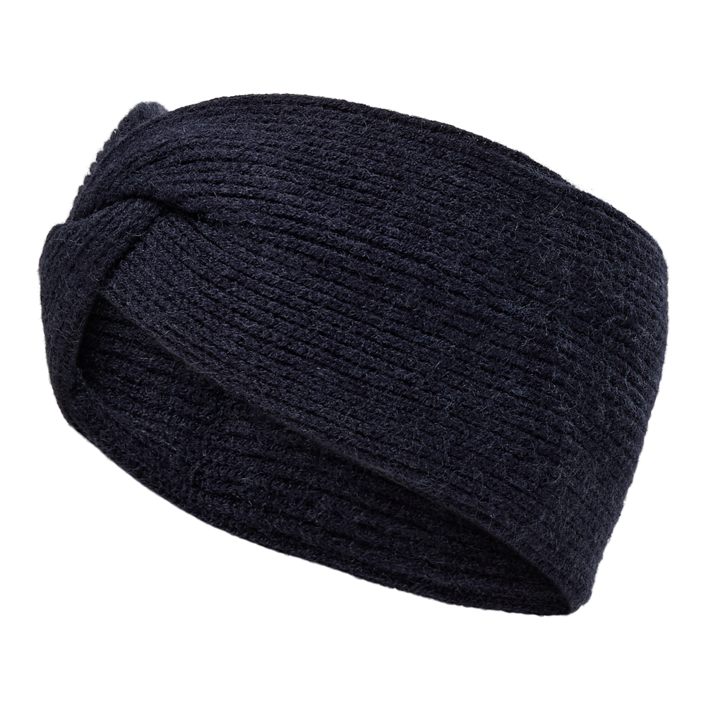 turban hviler på en neutral mannequin. Stoffet ser blødt og tætvævet ud med en let fuzzy overflade, og designet har en krydsdetalje foran, der skaber et diskret fokuspunkt. Pandebåndet dækker ørerne og virker både varmt og stilrent, velegnet til kolde dage eller som et enkelt modeaccessory i en minimalistisk garderobe.