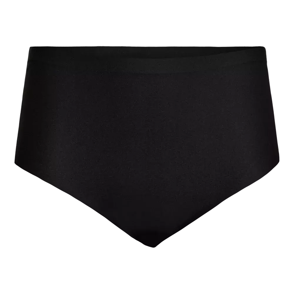 Billedet viser et enkelt og elegant par højtaljede sorte trusser med et glat, sømløst udtryk. Stoffet fremstår blødt og elastisk med en diskret taljekant, der giver god støtte og komfort. Designet er minimalistisk og funktionelt, velegnet til både hverdagsbrug og under tætsiddende tøj, hvor usynlighed og komfort er i fokus. Farven er klassisk sort og giver et tidløst udseende.