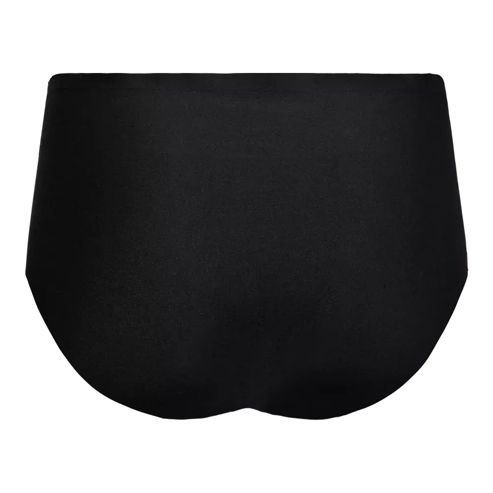 Et par sorte, sømløse trusser set bagfra med høj talje og fuld dækning. Stoffet virker glat og strækbart, sandsynligvis mikrofiber eller elastan-blanding, hvilket giver et jævnt og diskret udtryk under tøjet. Skjulte sømme og enkel linjeføring gør dem ideelle til hverdagsbrug eller under tætsiddende beklædning, hvor komfort og et usynligt look er i fokus.