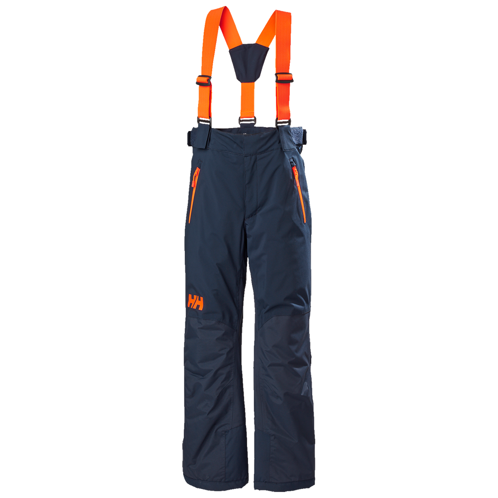 Mørkeblå skibukser med klare orange seler og orange lynlåse, designet til vinterbrug. Bukserne har to forreste lynlåslommer, synligt HH-logo på venstre lår og forstærkede knæpartier. Selerne er justerbare med spænder, og taljen har velcrolukning for optimal pasform. Et funktionelt og tydeligt farvekombineret design, der signalerer praktisk og robust udendørsbeklædning. Velegnet til aktive udendørsaktiviteter.