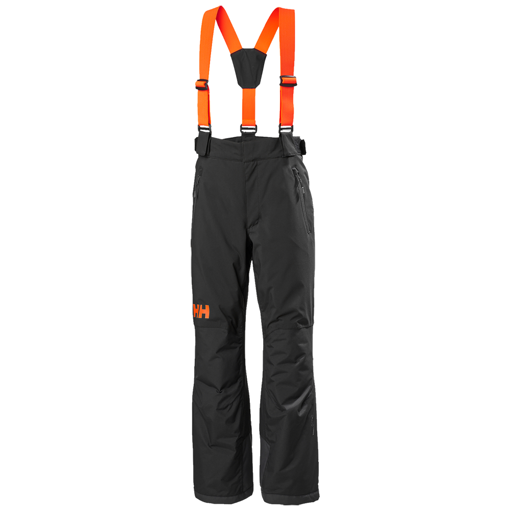 Billedet viser et par sorte skibukser med markante orange seler og et orange HH-logo på låret. Bukserne har en lige pasform, forstærkede knæpartier og sidelommer med lynlås. De justerbare seler giver god støtte og øget synlighed i sneen. Materialet virker vandtæt og isolerende, designet til vinteraktiviteter. Et praktisk og sporty valg til skiløb eller andre udendørs eventyr.