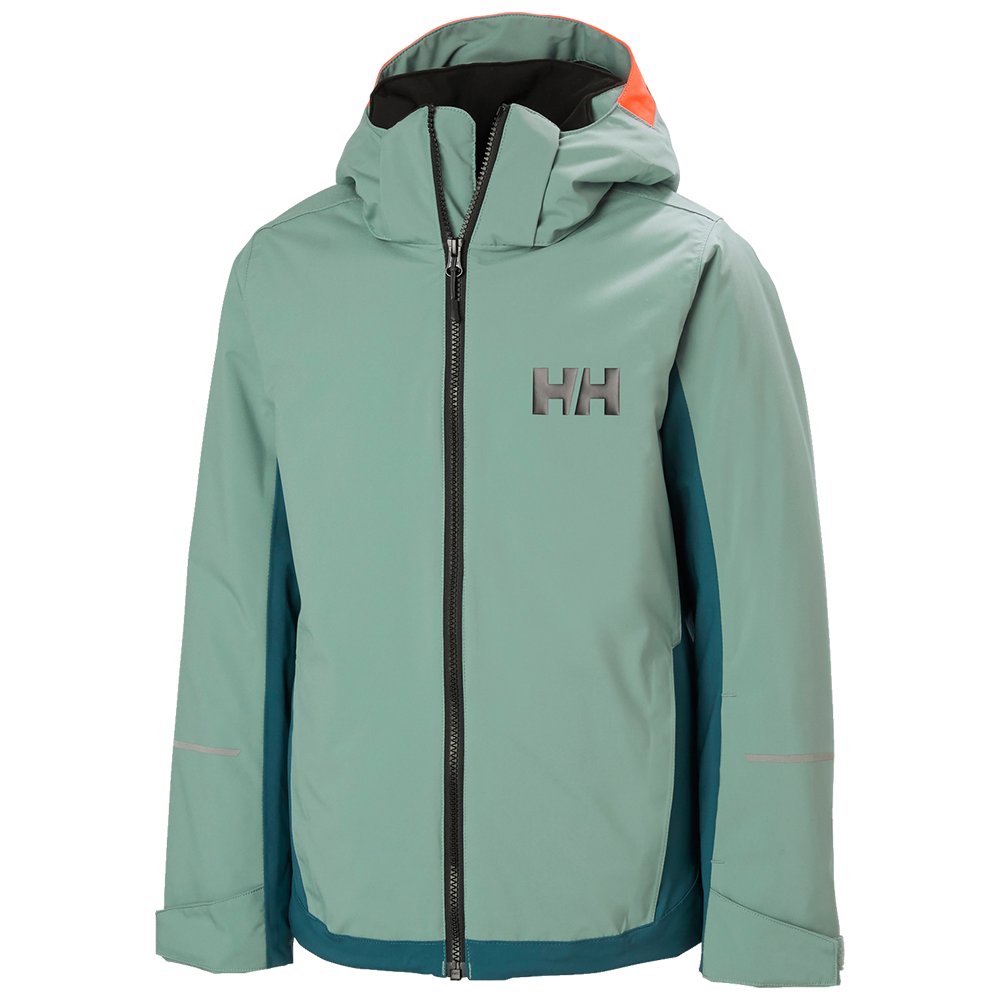 Jakken er en lysegrøn teknisk anorak med mørkere petrol-paneler langs siderne. Den har en fast hætte med en lille orange detalje bagtil, en sort tovejssynlig lynlås og et diskret HH-logo på brystet. Ærmerne har refleksstriber, og designet fremstår slankt og funktionelt med skjulte lommer og justerbar kant — velegnet til aktive udendørsaktiviteter.