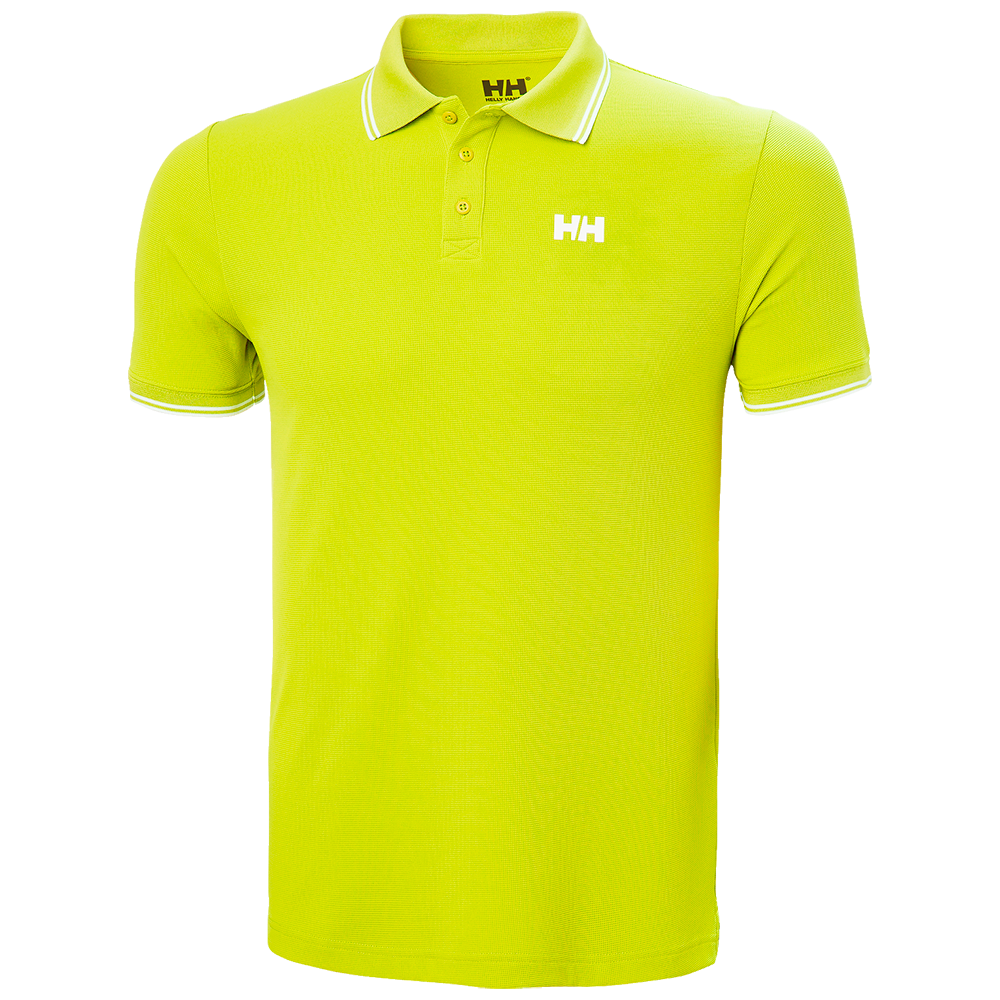 Neongrøn polo i en frisk, iøjnefaldende farve med klassisk krave og tre knapper. T-shirten har hvide kantstriber på kraven og ærmekanter samt et diskret "HH"-logo på venstre bryst. Stoffet virker let og tekstureret, velegnet til varme dage og udendørs aktiviteter. Designet er enkelt og sporty, hvilket gør den nem at kombinere med både jeans og sportsshorts til et afslappet look.