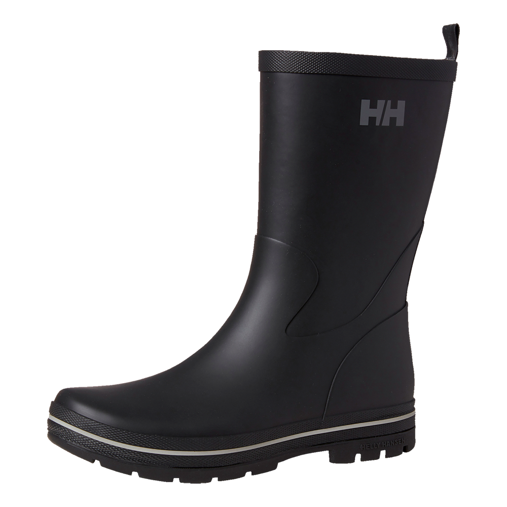 En enkel og elegant sort gummistøvle med mat finish og midtkalv-højde. Støvlen har et diskret HH-logo på skaftet, kraftig sål med mønster og en hvid kontraststribe rundt om fodens kant. Designet virker robust og fuldstændig vandtæt, velegnet til regnvejr, mudder og udendørs arbejde. Den glatte overflade og lette profil giver et funktionelt og stilrent udtryk.