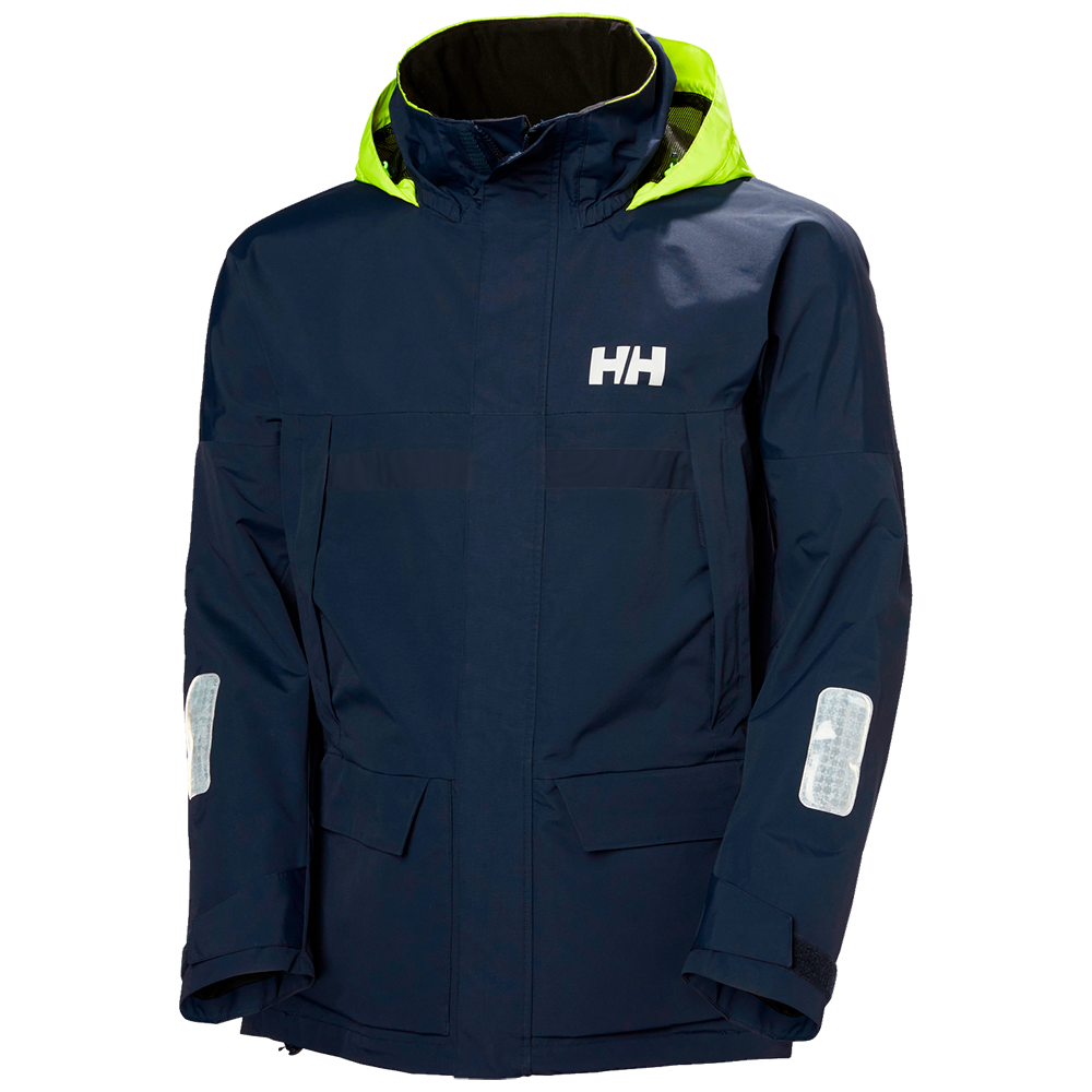 H-logo på brystet, to store forlommer med klap og skjult lynlås foran. Ærmerne har reflekterende paneler og justerbare velcrolukninger ved håndleddene for bedre pasform. Materialet virker robust og funktionelt, velegnet til regnvejr og aktive fritidsaktiviteter.