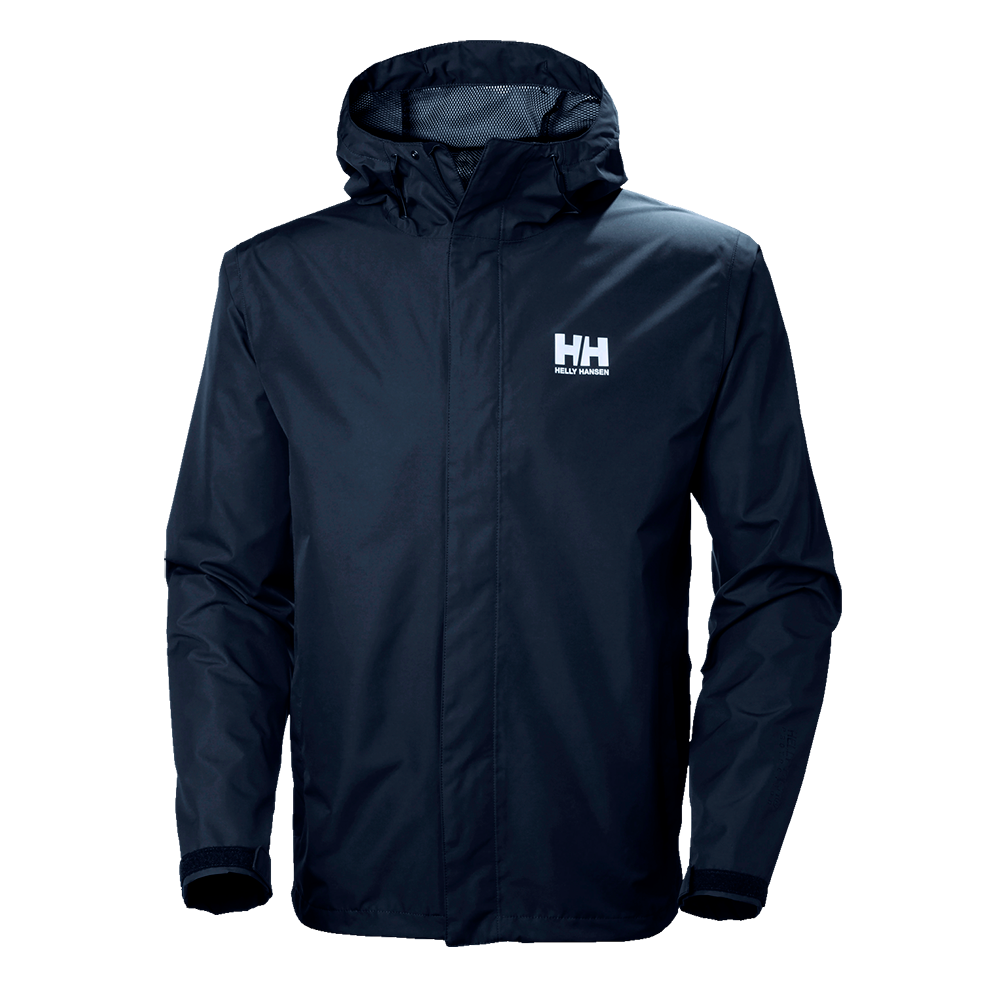 En mørkeblå, minimalistisk regnjakke med hætte og diskret HH-logo på brystet. Jakken har en skjult lynlås med stormklap, justerbar hætte og ribafslutning ved ærmerne. Materialet fremstår mat og tæt, designet til at holde vind og regn ude samtidig med et let og funktionelt udtryk. Velegnet til både bybrug og udendørsaktiviteter, hvor enkelhed og beskyttelse er i fokus.