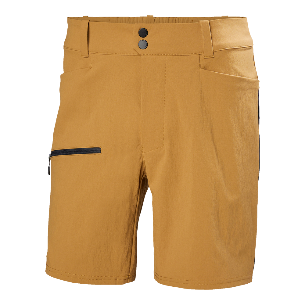 Et par lette, karamelgule shorts i teknisk stof med rene linjer og funktionelle detaljer. Midje med bæltestropper og to matte sorte trykknapper, to skrå forlommer samt en lynlåslomme i siden til småting. Knælang pasform og diskrete sømme giver et minimalistisk, aktivt udtryk, velegnet til vandring og hverdag. Materialet virker hurtigtørrende og åndbart, hvilket øger komforten ved bevægelse.