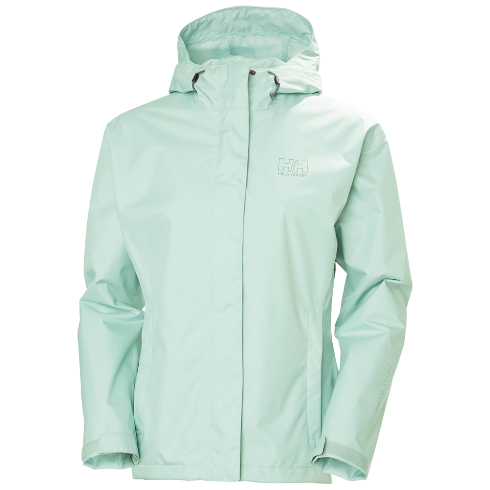 Lysegrøn, mintfarvet regnjakke fra Helly Hansen med gennemført, minimalistisk design. Jakken har fast hætte, skjult lynlås med stormflap og justerbare manchetter, hvilket sikrer god beskyttelse mod vind og regn. Letvægtsmaterialet virker vandtæt og åndbart, og de diskrete sidelommer giver praktisk opbevaring. Perfekt til skiftende vejr.