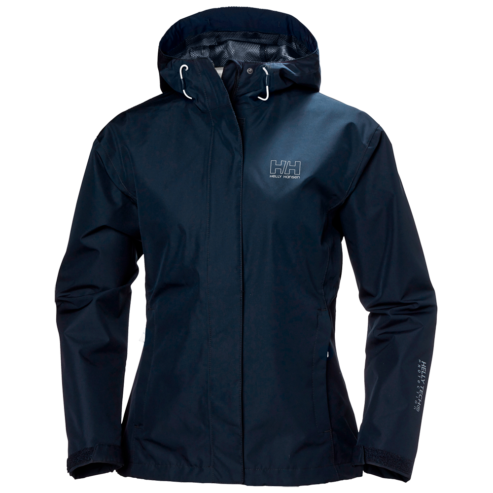 En mørkeblå Helly Hansen jakke med hætte og slank, let figursyet pasform. Jakken har skjult lynlås med stormklap, justerbar hætte med snore og velcrolukninger ved ærmerne. Diskret HH-logo på brystet og tekst på ærmet signalerer teknisk kvalitet. Designet er enkelt og funktionelt, velegnet til regnvejr og udendørs aktiviteter i både by- og naturoplevelser.