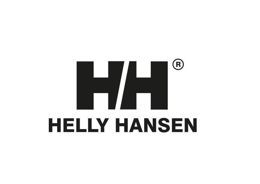 Et enkelt, genkendeligt logo på mørk baggrund viser de to store, geometriske bogstaver "HH" med et skråt indskåret mellemrum og registreret ®-mærke. Under ses navnet "HELLY HANSEN" i kraftig sans-serif. Det minimalistiske, monotone udtryk signalerer funktionalitet, robusthed og maritimt design — karakteristika, der passer til et norsk outdoor- og sejlerbrand kendt for teknisk tøj og slidstærke materialer.