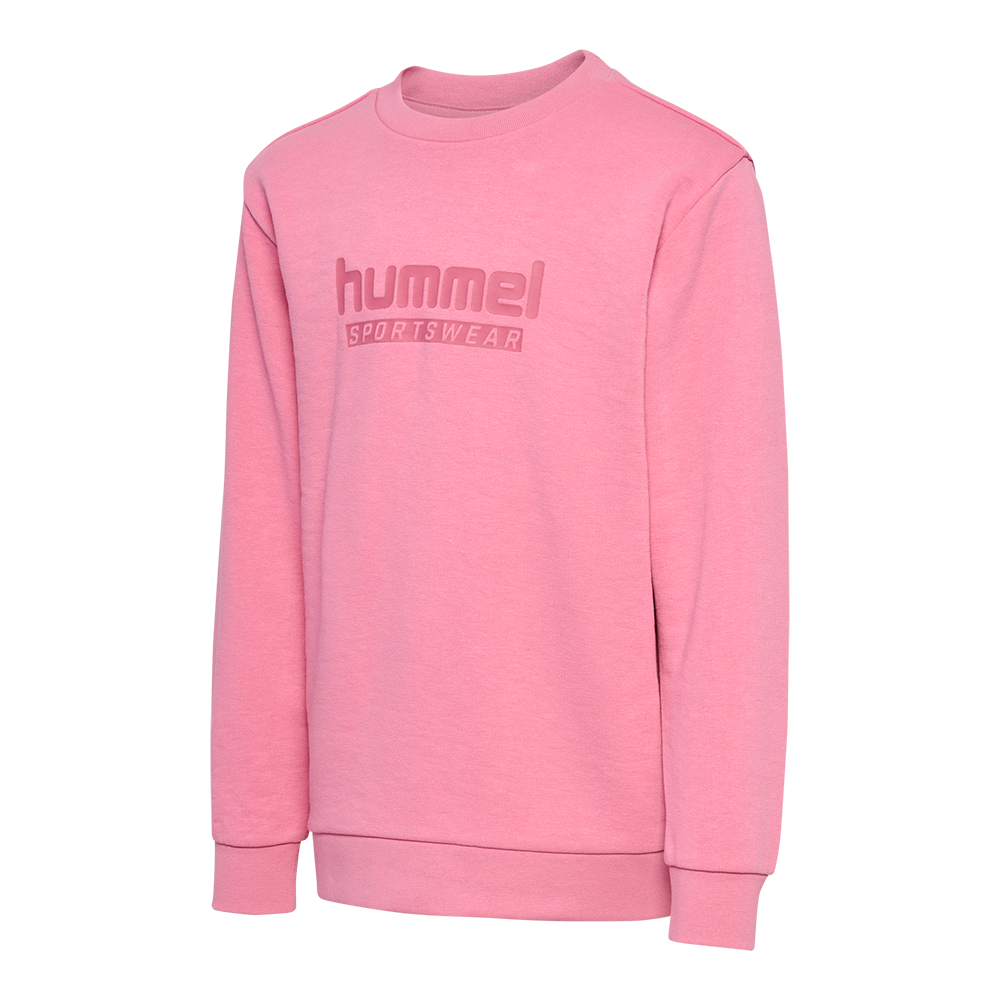 Lyserød crewneck-sweatshirt fra Hummel med enkelt, ton-i-ton logo "hummel SPORTSWEAR" midt på brystet. Trøjen har rund hals, lange ærmer og ribkanter ved ærmer og bund, og virker blød og fleece-agtig i stoffet. Det enkle, sporty design giver et afslappet hverdagslook, der egner sig til både fritid og let træning. En neutral, moderne basics-trøje.