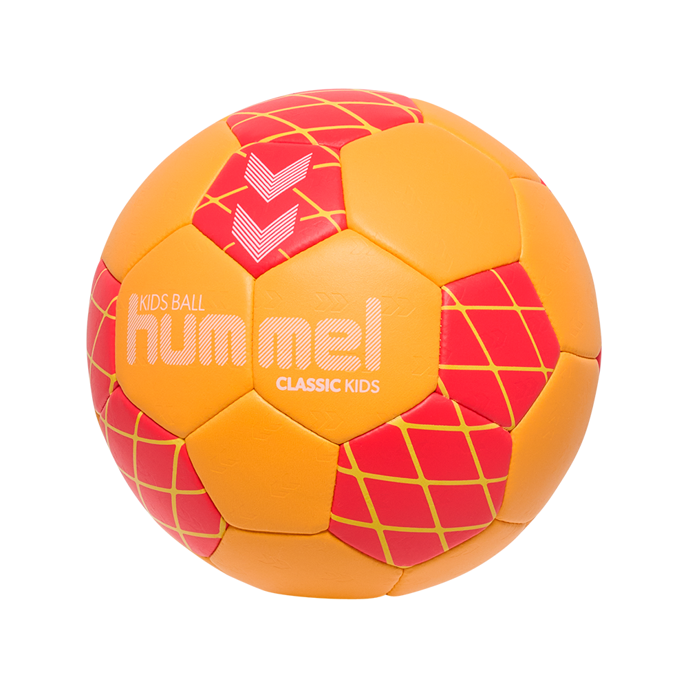 Denne farverige børnebold er i skarpe orange og røde nuancer med gule diamantmønstre og Hummel-logoet tydeligt trykt foran. Bolden virker blød og let, ideel til leg, indendørs træning eller begyndere i håndbold og fodbold. Det klassiske, robuste design og klare farver gør den nem at se og sjov at bruge for små spillere, samtidig med at den formidler kvalitet og holdbarhed.