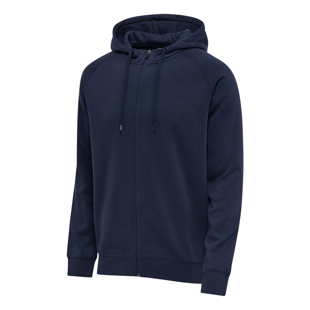 En mørkeblå, lynlåslukket hættetrøje i et enkelt og klassisk design. Den har justerbar snor i hætten, lange raglanærmer og ribkanter ved ærmer og talje. Stoffet ser blødt og let børstet ud, hvilket giver varme og komfort til hverdagens aktiviteter. Den er alsidig til afslappet brug eller lag-på-lag styling og passer både til sport og fritid.