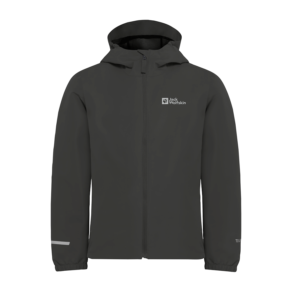 En mørkegrå, teknisk jakke med hætte fra Jack Wolfskin. Jakken har en enkel, funktionel silhuet med fuld lynlås, elastiske ærmekanter og synlige reflekser på håndleddet. Indvendigt ses en mesh‑foring i hætten, og materialet ser ud til at give beskyttelse mod vind og let regn. Det minimalistiske design og det tydelige logo gør jakken velegnet til udendørsaktiviteter og hverdag.