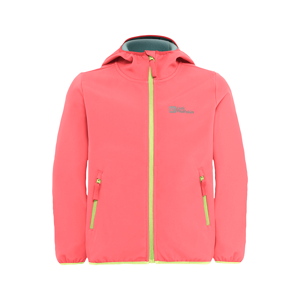 En frisk, koral-pink børnejakke med hætte og iøjnefaldende limegrøn lynlås langs fronten. Jakken har to forlommer med matchende lynlåse, elastiske ærmekanter og en diskret logo-brodering på brystet. Simpel og funktionel silhuet med blødt, glat materiale, der giver bevægelsesfrihed og et sporty look — perfekt til hverdagens udendørs leg og lette eventyr. Let at trække over en varm trøje.
