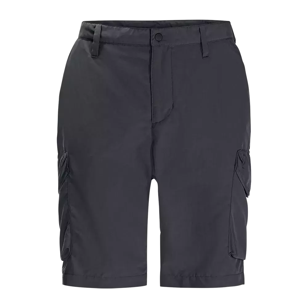 Disse mørkegrå cargoshorts har et enkelt og praktisk design med knælængde og flere lommer. Et par store sidelommer med klap giver plads til småting, mens skrålommerne foran og bæltestropperne sikrer funktionalitet og god pasform. Stoffet ser let og slidstærkt ud, ideelt til udendørs aktiviteter eller afslappet hverdag. Farven gør dem nemme at kombinere med både t-shirts og lette jakker.